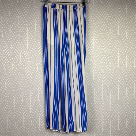 HYFVE Split Front Chic Striped Pants in Blue Stripe. - Picture 2 of 10